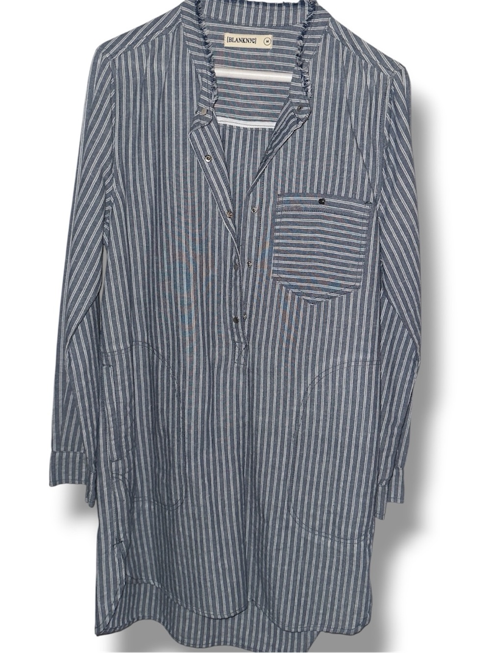 [BLANKNYC] Striped Linen Blend Tunic Dress Size M Distressed Collar Snap Front - Picture 11 of 12
